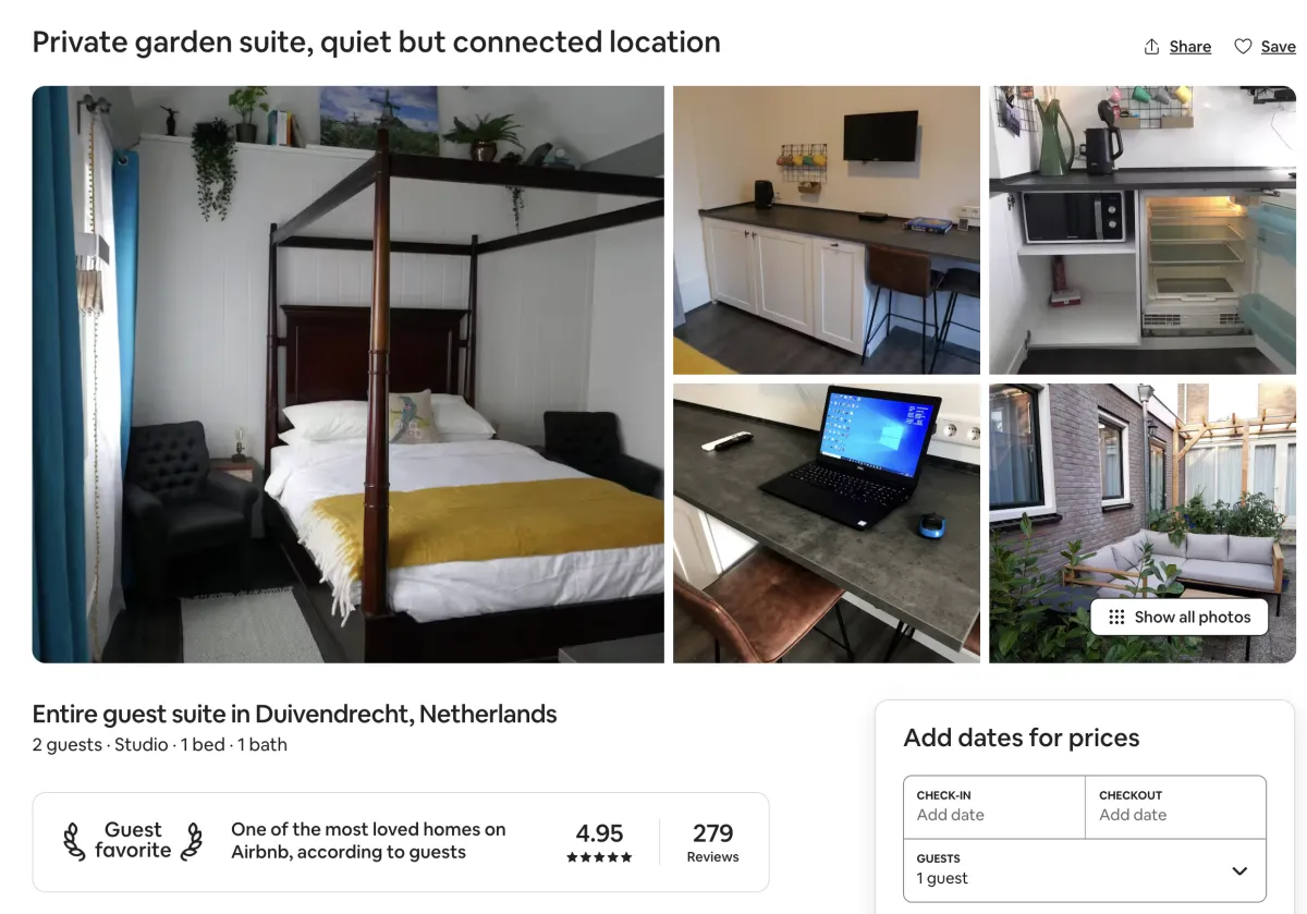 Listing screenshot of Private garden suite, quiet but connected location