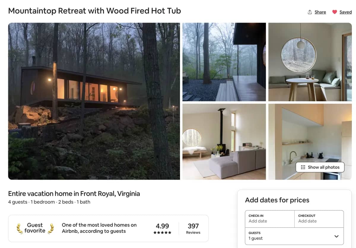 Listing screenshot of Mountaintop Retreat with Wood Fired Hot Tub
