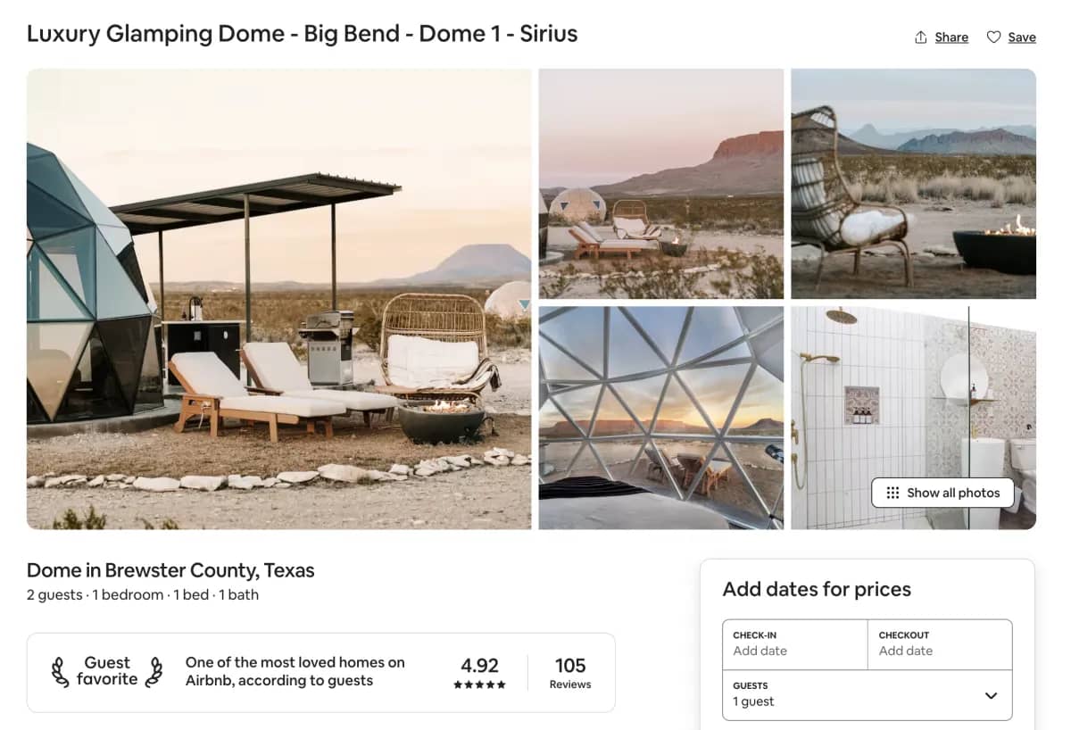 Listing screenshot of Luxury Glamping Dome - Big Bend - Dome 1 - Sirius