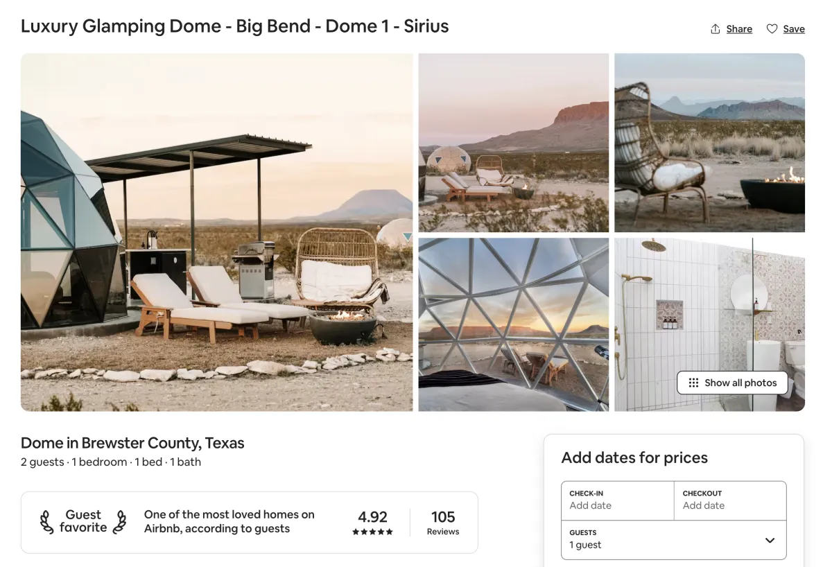 The original listing for Luxury Glamping Dome - Big Bend - Dome 1 - Sirius