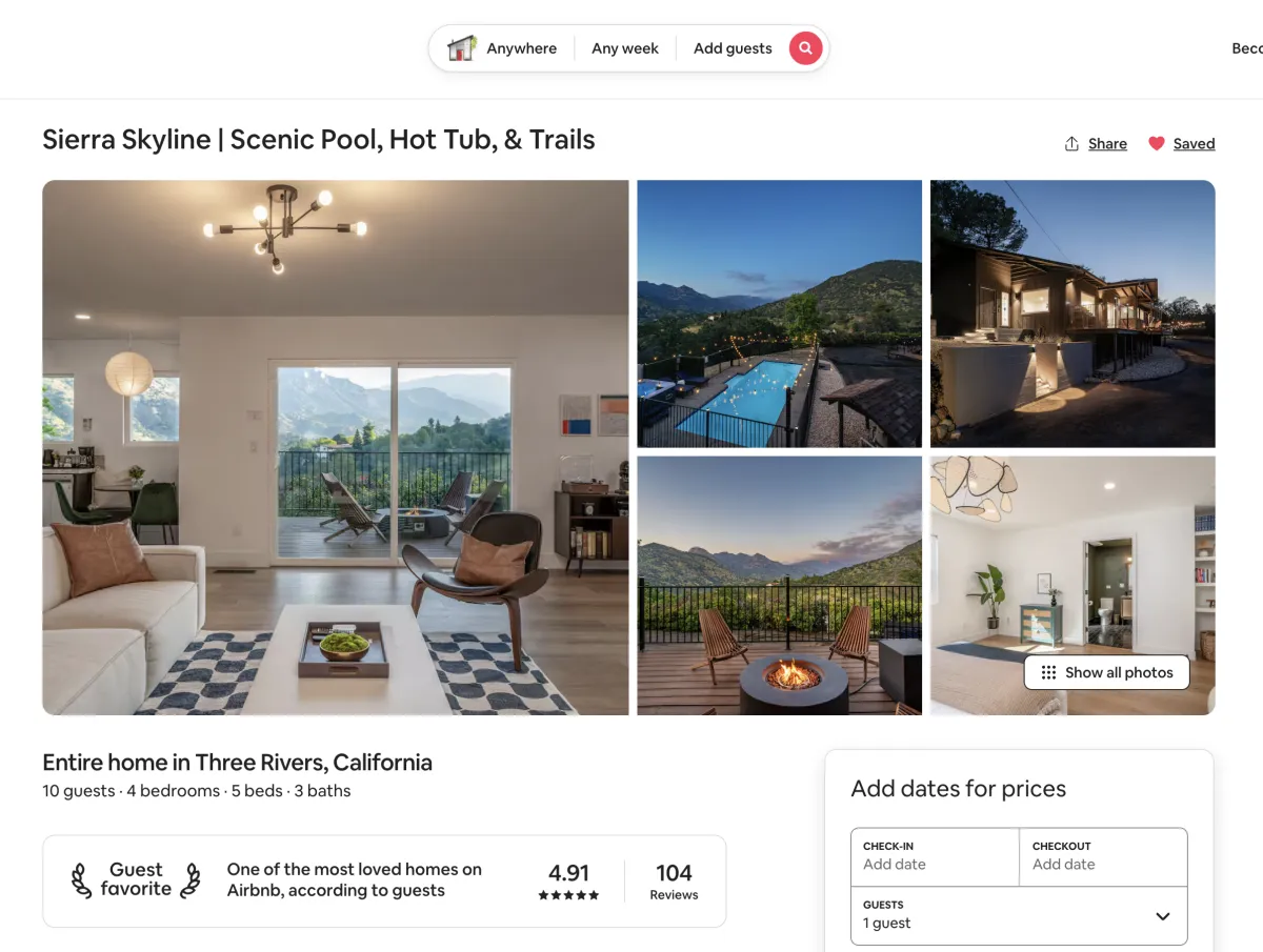 The original listing for Three Rivers Airbnb - Sequoia National Park