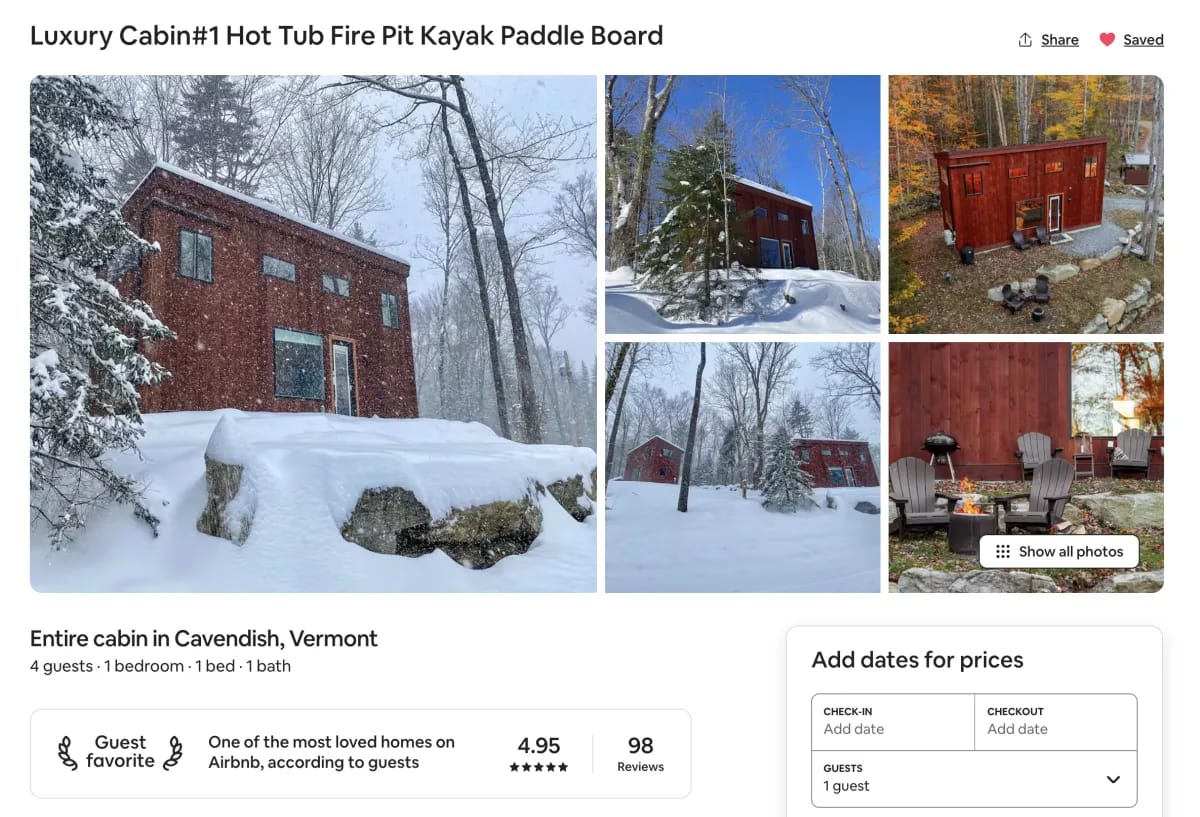 The original listing for Luxury Cabin#1 Hot Tub Fire Pit Kayak Paddle Board